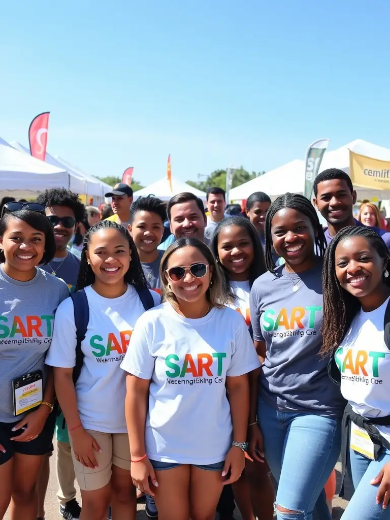 A group photo of SART members volunteering at a local community event, wearing SART branded apparel.