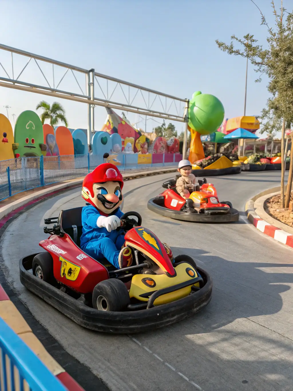 A high-speed action shot of a SART-organized go-kart race, showcasing young drivers competing on a track with SART branding visible.