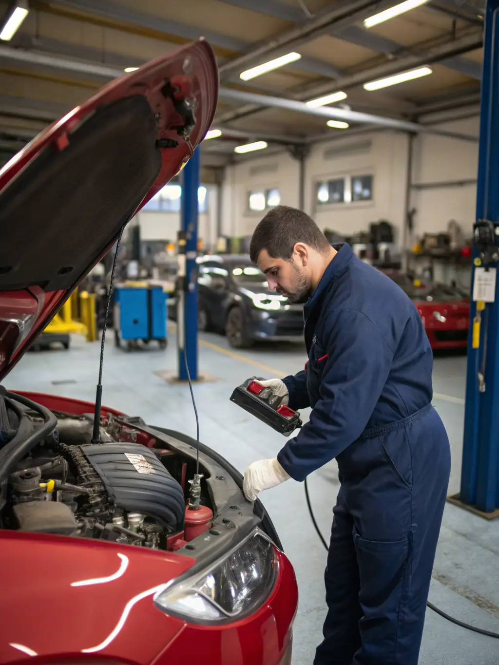 A photo of SART members participating in a car maintenance workshop, with an instructor demonstrating engine diagnostics.