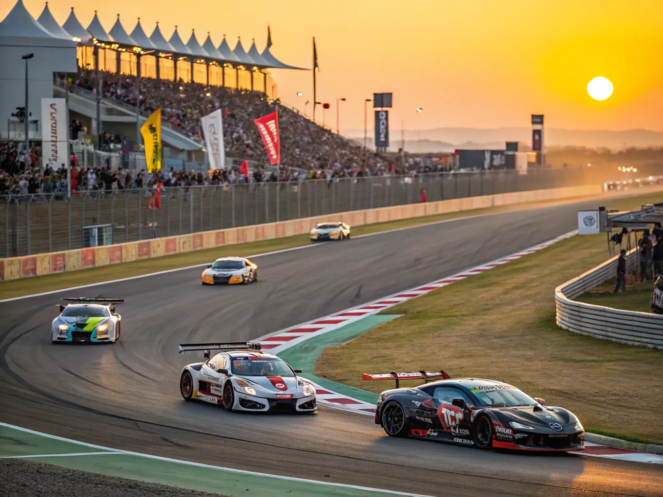 A dynamic shot of a SART-organized racing event, capturing the speed and excitement of the race with cars speeding around a turn and spectators cheering from the sidelines.